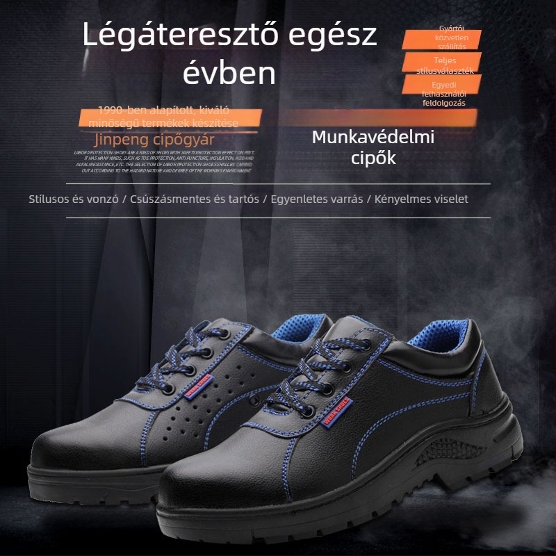 Férfi munkavédelmi cipő, mikroszálas bőr, acél orr, alacsony felső rész, ellenáll a becsapódásnak és perforációnak
