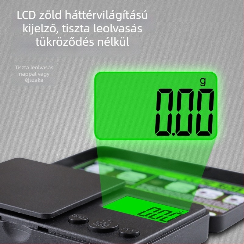 Zöld háttérvilágítású karát elektronikus mérleg, zsebméretű mérleg 1000 g, ékszer mérleg 0,01 g, tenyérmérleg