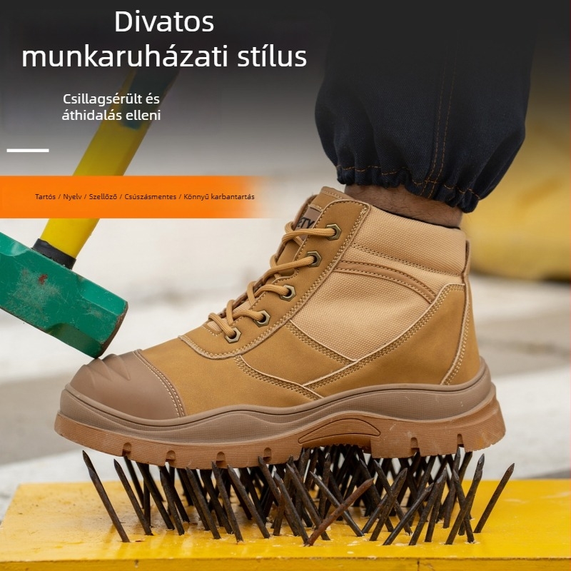 Munkavédelmi cipő acél orral, ütés- és átszúrás elleni védelemmel, gumitalppal, felsőrész több anyagból, középmagas fazon
