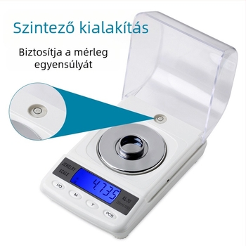 Műhely? Laboratóriumi precíz elektronikus mérleg 0,001 g felbontással, mérési tartomány 0,005–50 g, kompakt ékszer- és értéktárgy mérleg, modell DGGY-50, méretei 10,5×8,4×5,5 cm, működik akkumulátorral és hálózati táppal.
