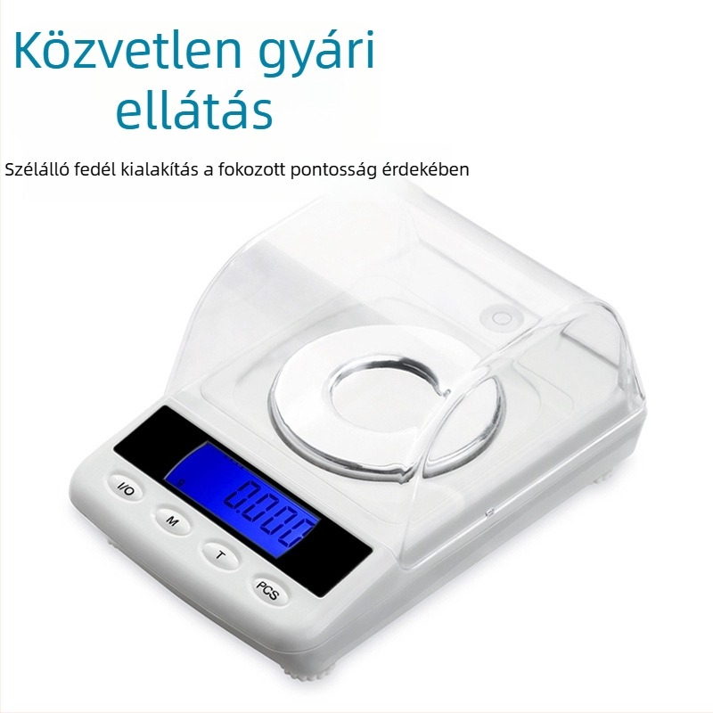 Műhely? Laboratóriumi precíz elektronikus mérleg 0,001 g felbontással, mérési tartomány 0,005–50 g, kompakt ékszer- és értéktárgy mérleg, modell DGGY-50, méretei 10,5×8,4×5,5 cm, működik akkumulátorral és hálózati táppal.
