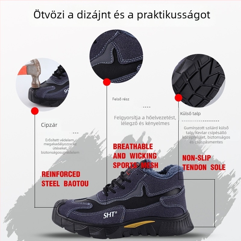 Téli férfi munkavédelmi cipő acélorrú, kopásálló, áthatolás elleni, csúszásmentes, velúr anyag, alacsony felsőrész