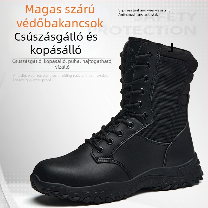 Teljesen fekete, magas szárú munkacipő acélorrú, vízálló, csúszásmentes, puha és kényelmes