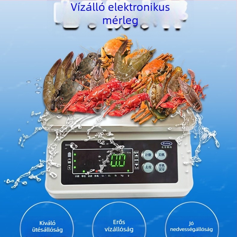 Beiheng Bh801s vízálló elektronikus konyhai mérleg friss termékekhez, 0–30 kg, felbontás 0.1–5 g, újratölthető és hálózati áramellátás, méretek 185×240×275 mm