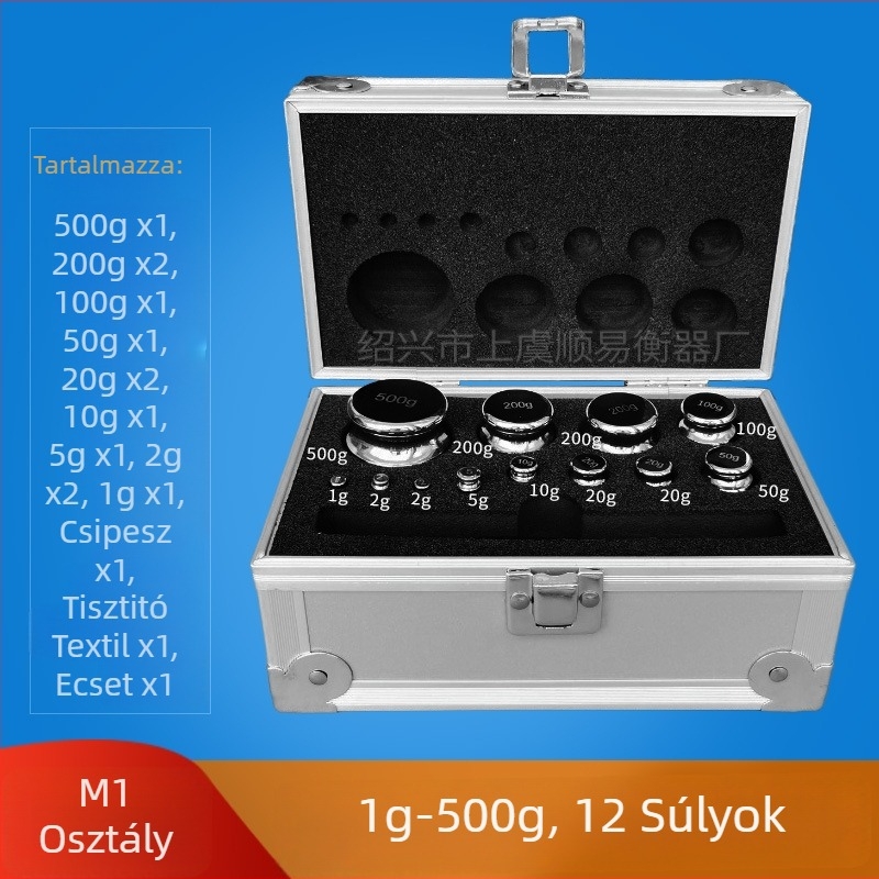 M1 kalibrációs súlykészlet 1g-500g kiegyenlítő mérleghez, acél krómozott ellen-tömegek, 12 darabos alumínium dobozban