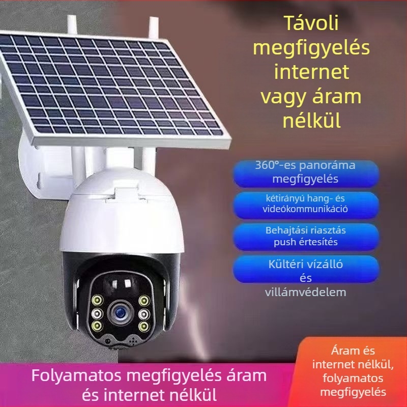 Napelemes vezeték nélküli otthoni biztonsági kamera, ABS műanyag ház, működési hőmérséklet -10°C-tól 40°C-ig, 5V tápegység, riasztási funkció