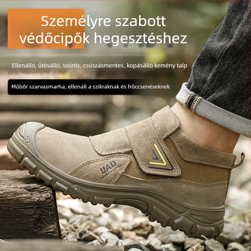 Építkezési területre szánt munkavédelmi cipő acél orral és acél talppal, ütés- és átszúrásvédett, égés elleni védelem, velúr és vászon felsőrész, középmagas fazon