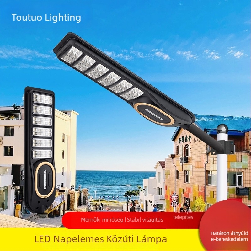 Napelemes utcai LED lámpa mozgásérzékelővel, ABS műanyagból, integrált IP65 vízálló kert világítás, 100W, 12–16 óra