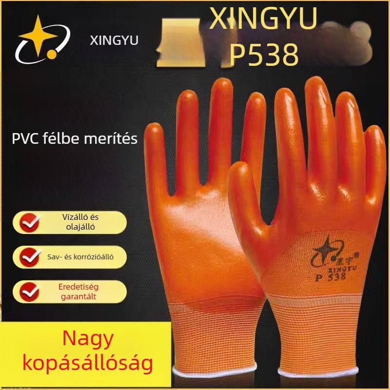 Xingyu P538 12 pár narancs PVC munkavédelmi kesztyű építkezésre, kopásálló, csúszásmentes, vízálló