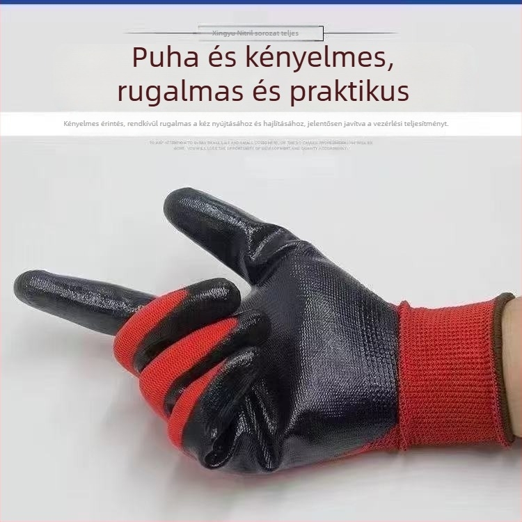 12 pár Xingyu N539 piros–fekete csúszásmentes, kopásálló nitril bevonatú védőkesztyűk