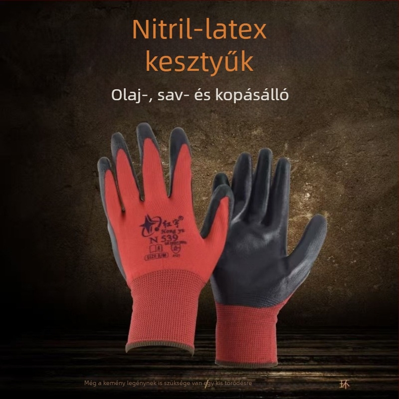 12 pár Xingyu N539 piros–fekete csúszásmentes, kopásálló nitril bevonatú védőkesztyűk