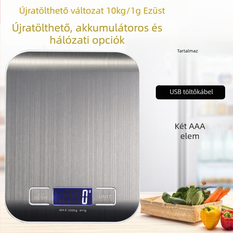 Otthoni hordozható rozsdamentes acélból készült elektronikus konyhai mérleg, kapacitás 5 g–10 kg