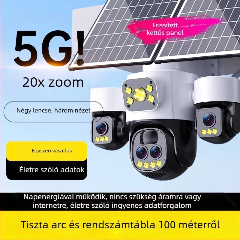 Napelemes kültéri kamera 360°-os látóterével, mobilalkalmazáson keresztüli távoli hozzáférés, HD éjszakai felvétel, vízálló
