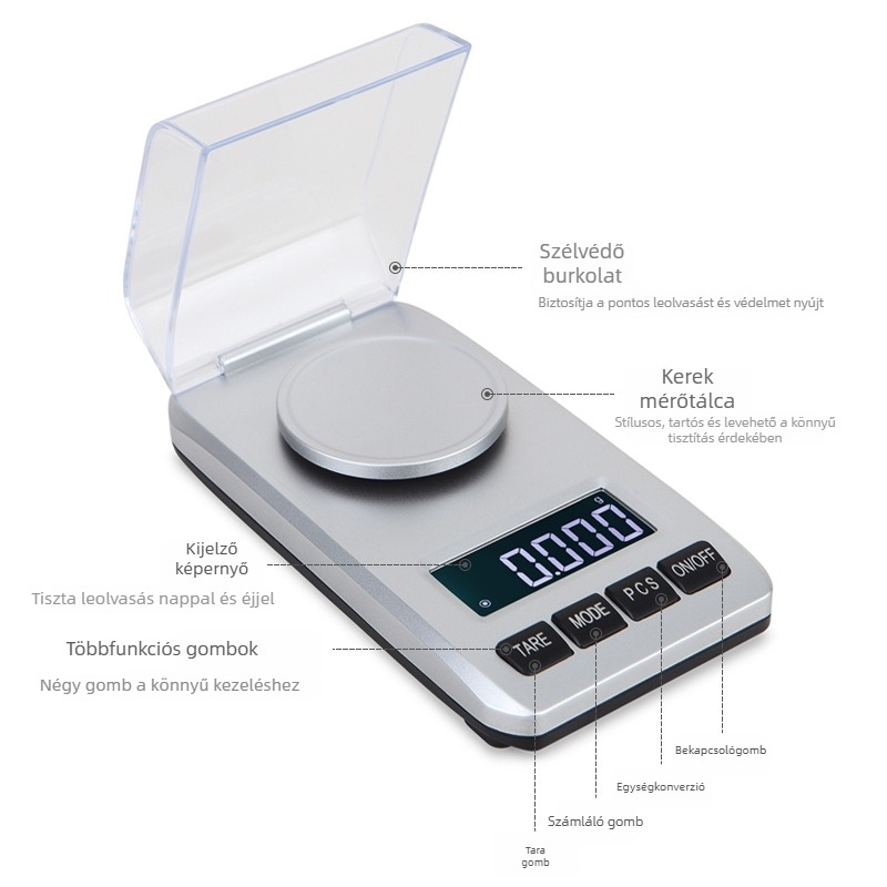 Ékszer mérleg, 50 g, 0,001 g pontosság, karát mérő, elektronikus mérleg