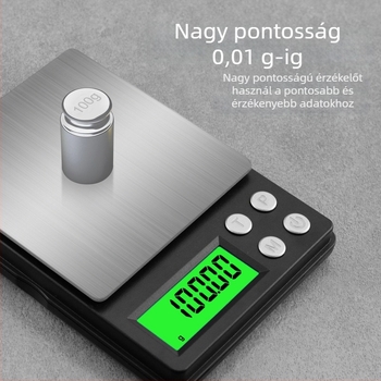 Zsebméretű elektronikus ékszermérleg, 0,01 ct pontossággal, 500 g kapacitással