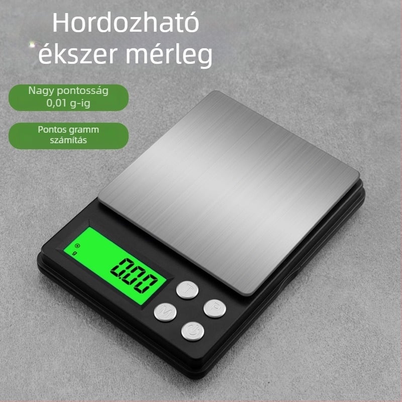 Zsebméretű elektronikus ékszermérleg, 0,01 ct pontossággal, 500 g kapacitással