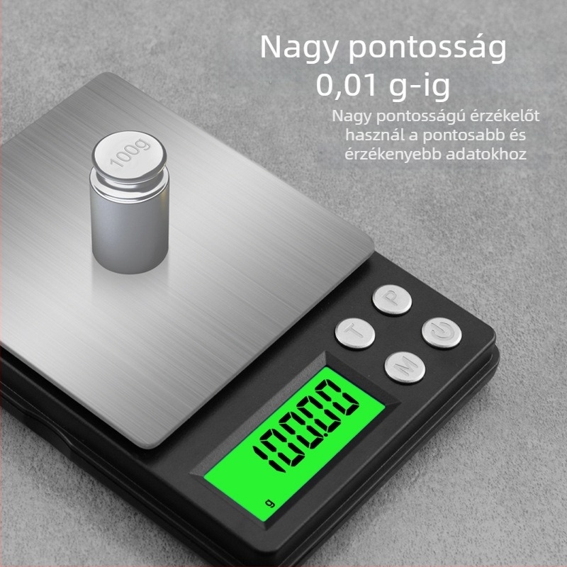Zsebméretű elektronikus ékszermérleg, 0,01 ct pontossággal, 500 g kapacitással