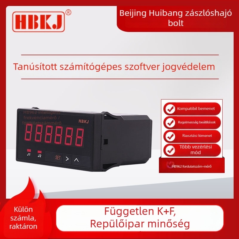 HBKJ HB722/HB962 – Kétállású, 6-jegyű kijelzővel rendelkező frekvenciamérő, tachométer és vonalsebesség-mérő – Frekvenciatartomány 0–50 kHz, Tápellátás 85–260 VAC/DC, Relé 220V/3A