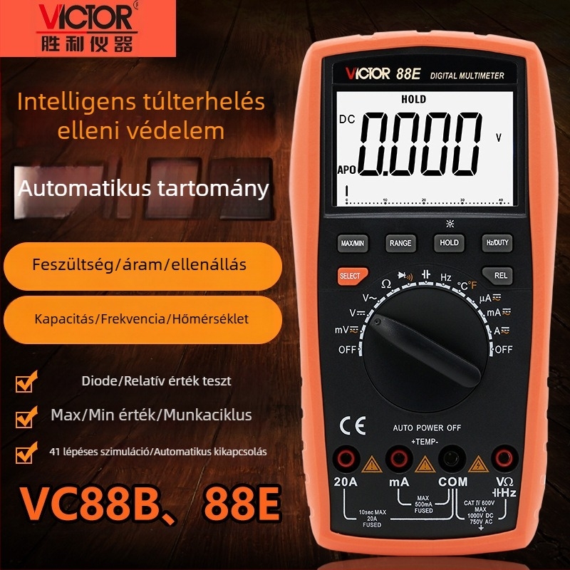 Victory VC88B/88E digitális multiméter automatikus tartománnyal, háttérvilágítással, kapacitás, frekvencia és hőmérséklet mérése, analóg sáv