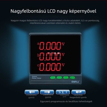 Háromfázisú LCD teljesítménymérő: áram, feszültség, frekvencia és energia mérése; RS485 interfész