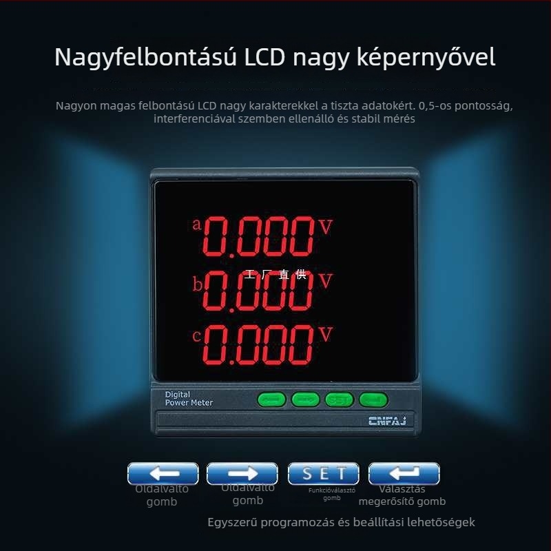 Háromfázisú LCD teljesítménymérő: áram, feszültség, frekvencia és energia mérése; RS485 interfész