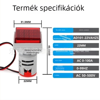22 mm-es feszültség-, áram- és frekvencia (Hz) kijelző, három kijelzésű, többfunkciós AC digitális mérő, négyzetes kivitel