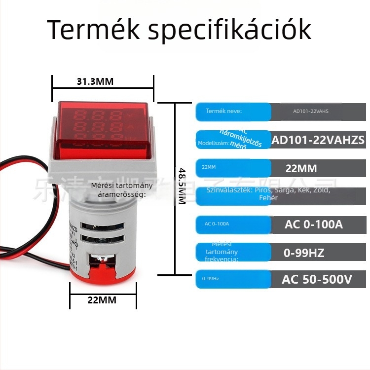 22 mm-es feszültség-, áram- és frekvencia (Hz) kijelző, három kijelzésű, többfunkciós AC digitális mérő, négyzetes kivitel