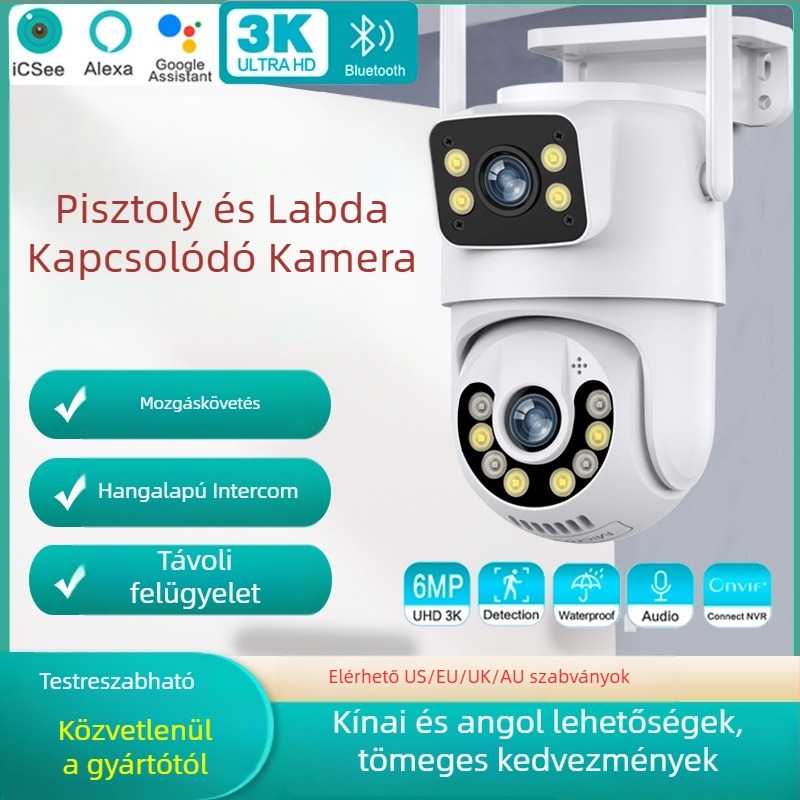 Kültéri WiFi pan-tilt kamerával, kettős objektív, éjszakai látás, 0.001 lux, 1/2.8in szenzor, 12V tápegység