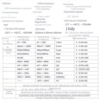 VC9802A Hordozható Digitális Multiméter — DC feszültség 400 mV–1000 V; AC feszültség 4–750 V; DC áramerősség tartományok 400 mA/4000 mA, 40 mA/400 mA, 4 A/10 A; kapacitás 4 nF–4 mF