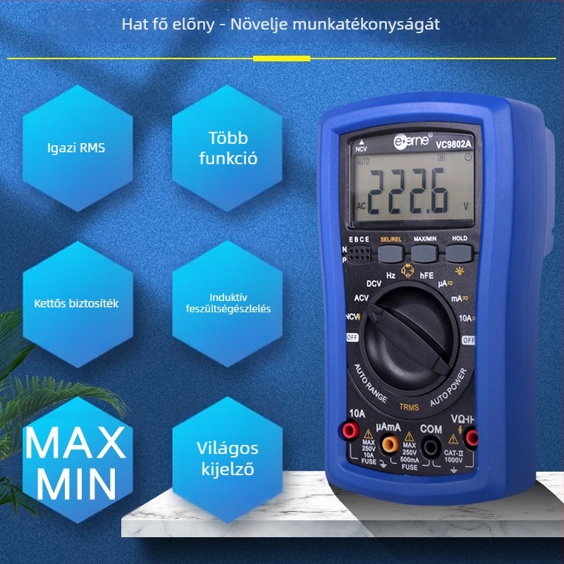 VC9802A Hordozható Digitális Multiméter — DC feszültség 400 mV–1000 V; AC feszültség 4–750 V; DC áramerősség tartományok 400 mA/4000 mA, 40 mA/400 mA, 4 A/10 A; kapacitás 4 nF–4 mF