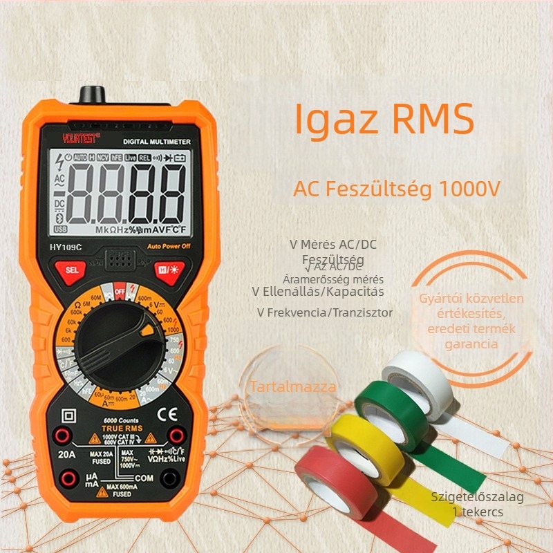 Digitális hordozható multiméter széles mérési tartománnyal és égés elleni védelemmel; méri a hőmérsékletet, a kapacitást és a frekvenciát