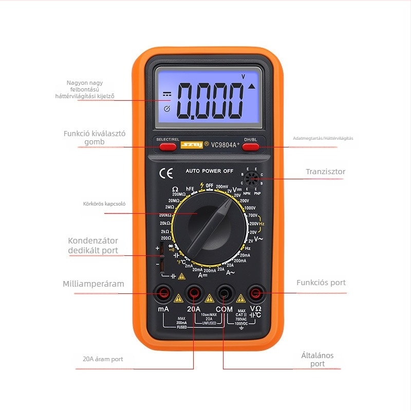 Nagy kijelzős digitális multiméter, hőmérséklet- és frekvenciamérés, automatikus kikapcsolás