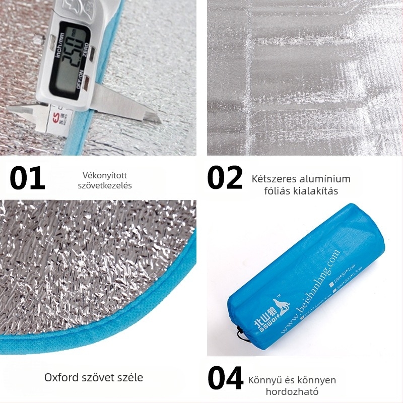 Megvastagított alumíniumfóliás nedvességálló piknik matrac kempingezéshez — EVA/alumínium fólia, kb. 300 g, modell CL002, több személyre alkalmas
