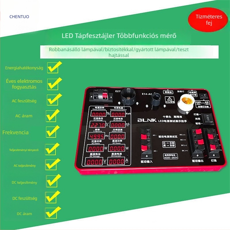 10-in-1 kijelző meghajtó tápegység teszter — mérés: áramerősség, feszültség, teljesítménytényező és frekvencia; LED teszt