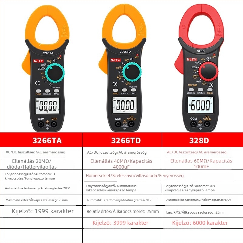 Klemméter nagy pontosságú multiméter funkciókkal — áram, hőmérséklet, frekvencia és kapacitás mérése; modellek 3266TD/3266TA/328D