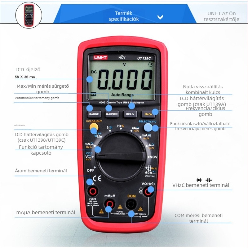 UT139C Uni-T digitális multiméter, teljes tartomány, égésálló kijelzővel, inverter karbantartáshoz