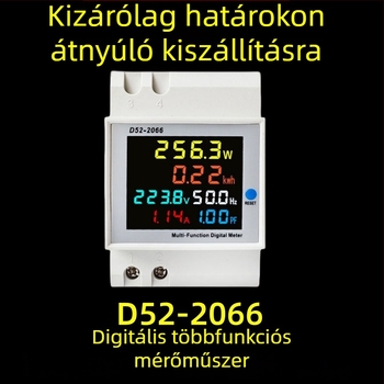 D52-2066 digitális többfunkciós energia-mérő, egyfázisú, sínre szerelhető, méri a feszültséget, áramerősséget és a teljesítménytényezőt, pontosság 0,1, 100 A