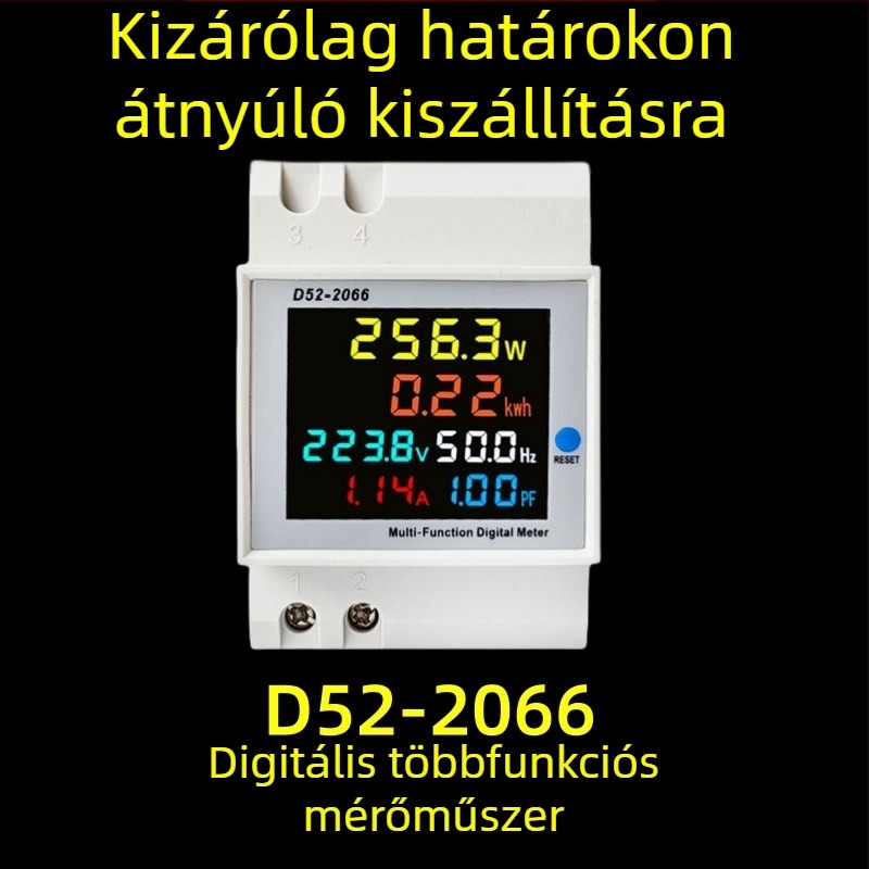 D52-2066 digitális többfunkciós energia-mérő, egyfázisú, sínre szerelhető, méri a feszültséget, áramerősséget és a teljesítménytényezőt, pontosság 0,1, 100 A