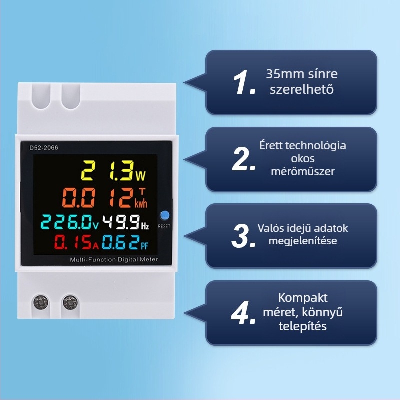 D52-2066 Digitális kijelzős egyfázisú mérő, háztartási használatra, feszültség, áram és teljesítmény mérése, DIN sínre szerelhető