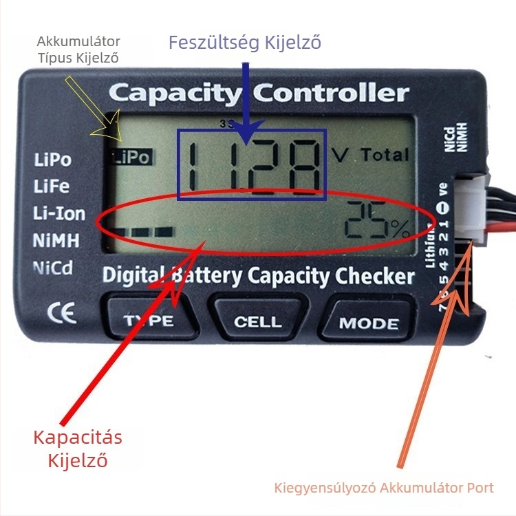 Cellmeter71-7S digitális LiPo akkumulátor-tesztelő RC modell repülőgépekhez – hordozható tápegység