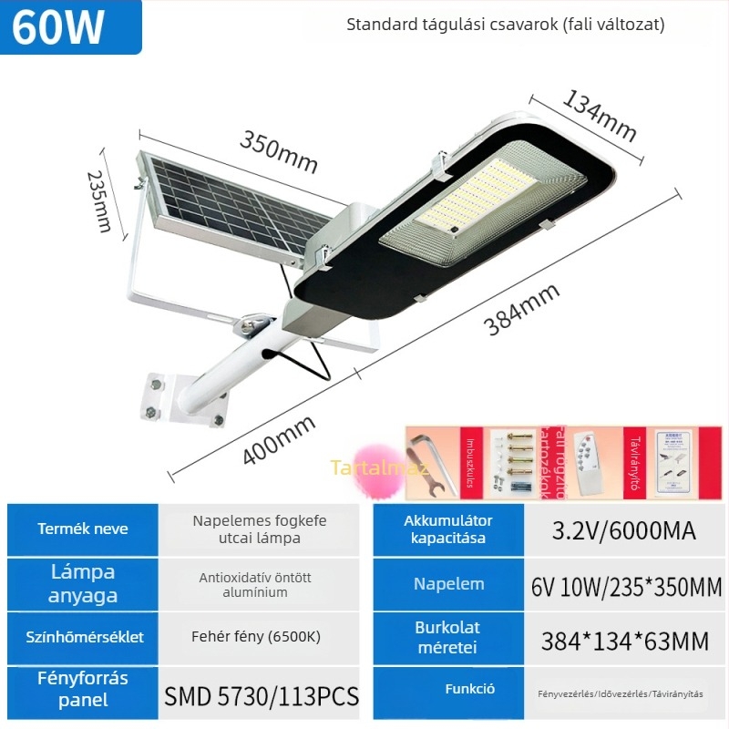LED napelemes utcai lámpa, kültéri használatra, nagy fényerő, kert és táj, IP65, 10W