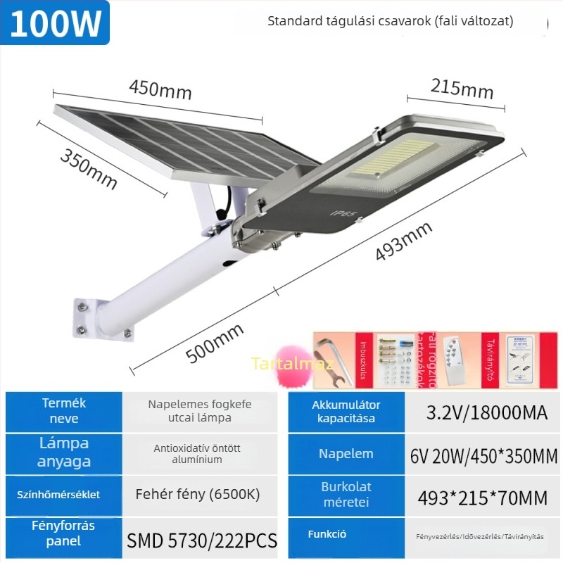 LED napelemes utcai lámpa, kültéri használatra, nagy fényerő, kert és táj, IP65, 10W