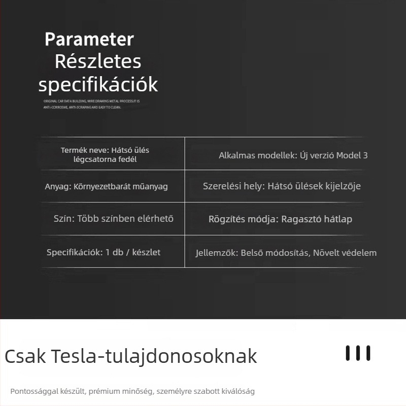 Model 3 Refresh 3 belső alkatrészek — műanyag, ragasztós középkonzol védelem