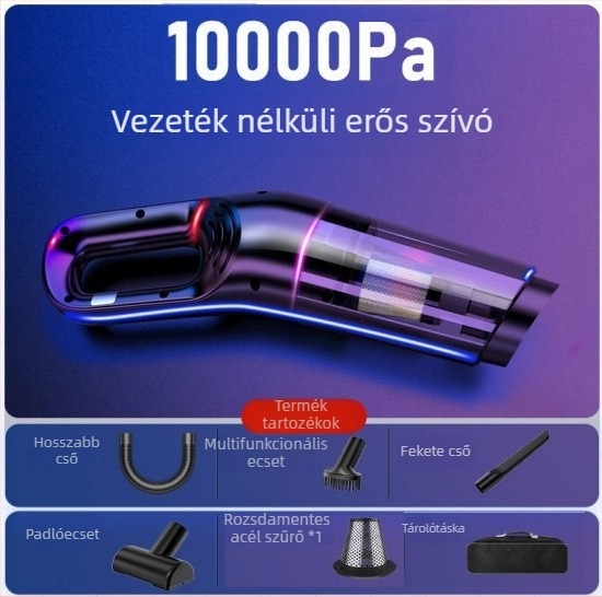 Vizes- és száraz porszívó autóhoz és otthonhoz vízabszorpcióval, 120W, szívóerő 9000, 62000 rpm, töltéses üzemmód