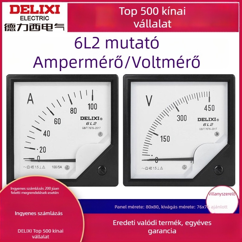 Delixi 44L6 analóg áram- és feszültségmérő, 100/5 és 600/5, 450V/500V, mutatós típusú váltóáramú mérő