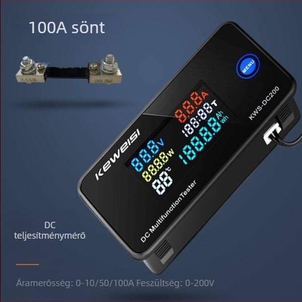 Keweisi DC digitális feszültség- és árammérő színes kijelzővel, teljesítményteszter 0-200V 0-100A