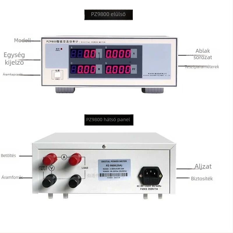 PZ9800 Intelligens AC egysfázisú digitális teljesítménymérő elektromos paraméterek mérésére, 1–600 V, 0.005–20 A