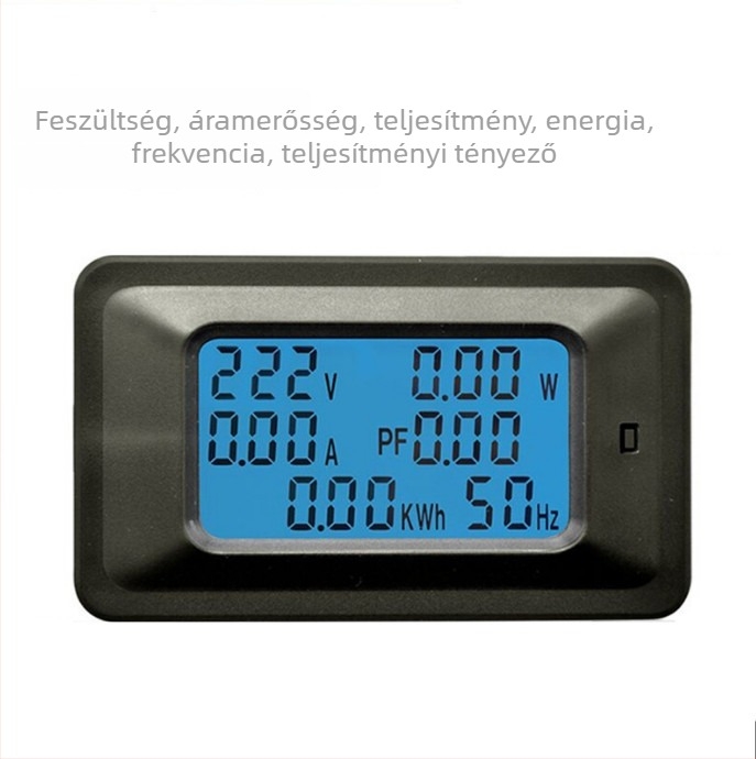 Többfunkciós teljesítménymérő eszköz digitális kijelzővel; modell 100A; mérhető feszültség 110–250V; mérhető áram 1–100A.