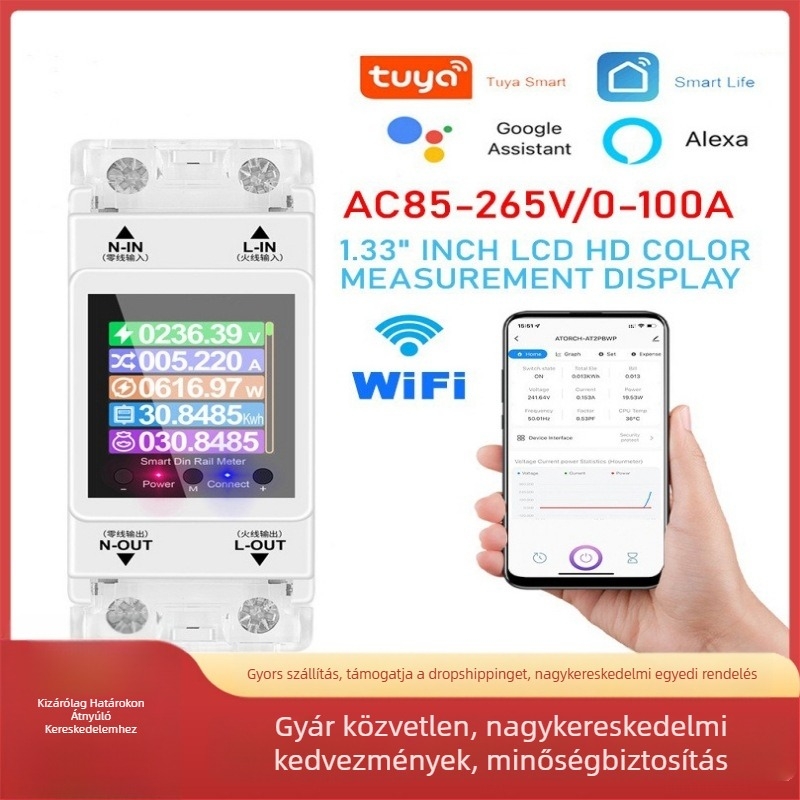 Háztartási egyfázisú intelligens mérő, digitális kijelző, 220V AC, feszültség, teljesítmény és energia monitorozás