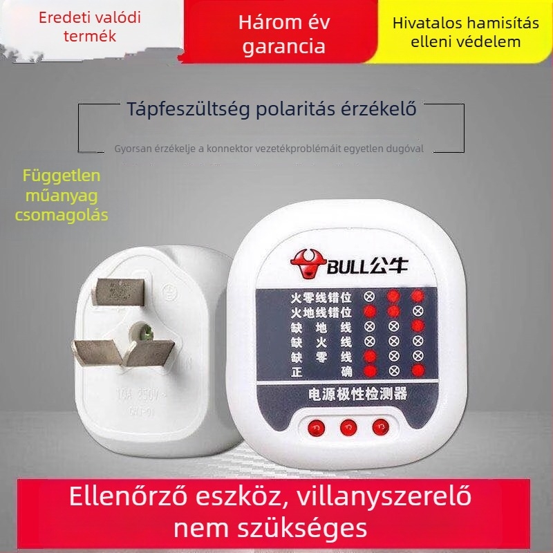 Bull dugaszoló áramdetektáló készülék: földelővonal polaritás-ellenőrző és fázisdetektor